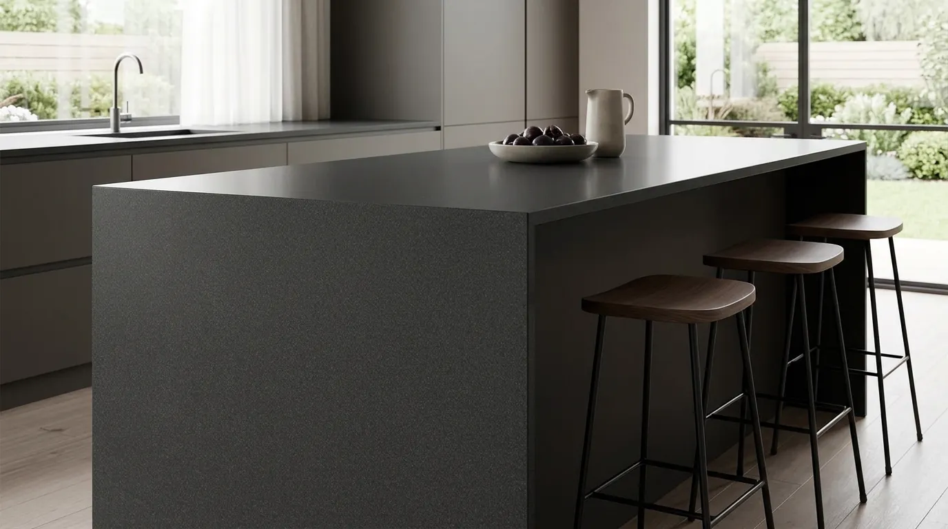 Raven Quartz Stone waterfall-edge kitchen island with continuous veining