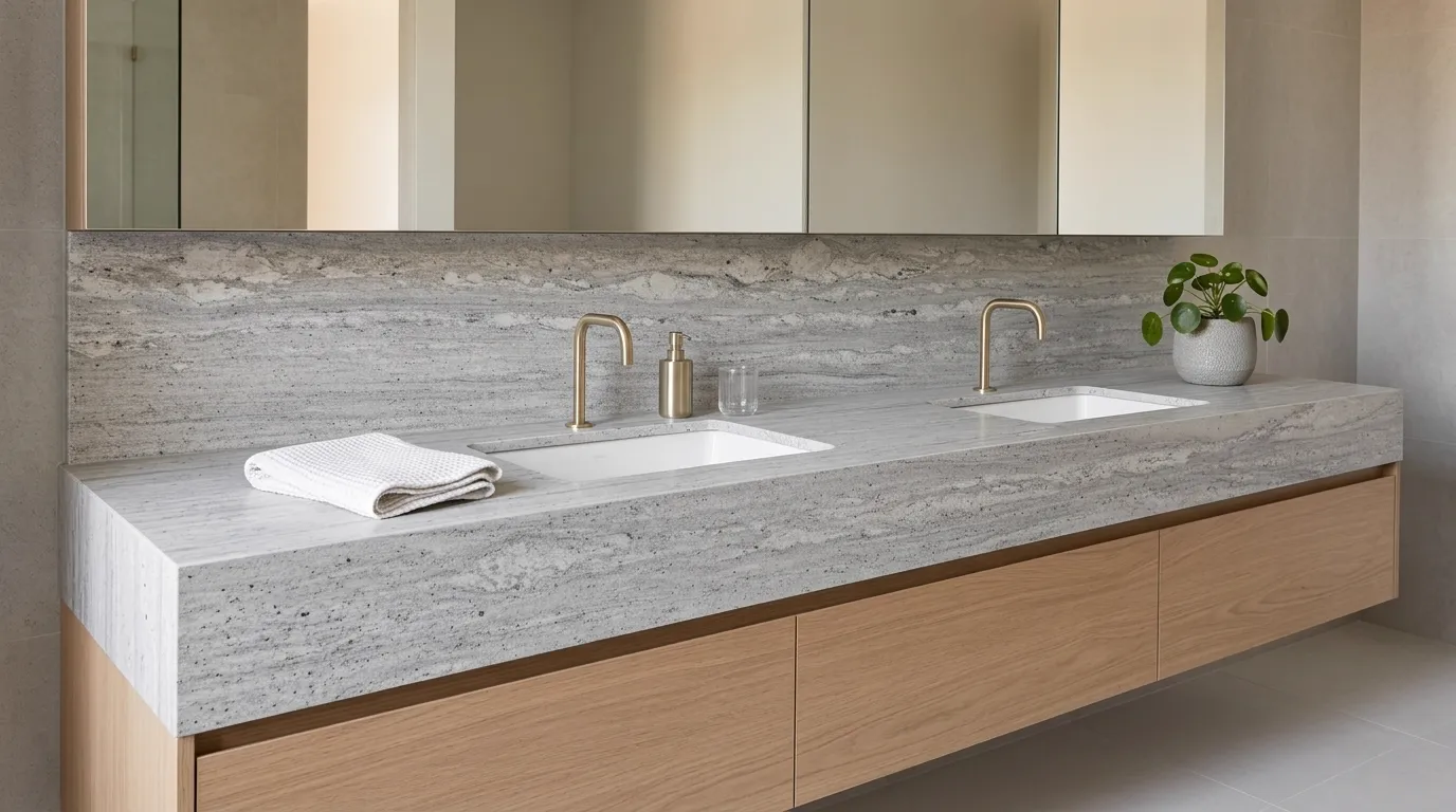 River White Leathered Granite double vanity countertop and backsplash in a modern bathroom