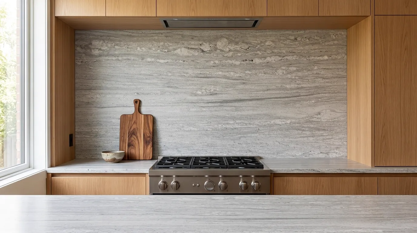 River White Leathered Granite full-height kitchen backsplash and matching countertop