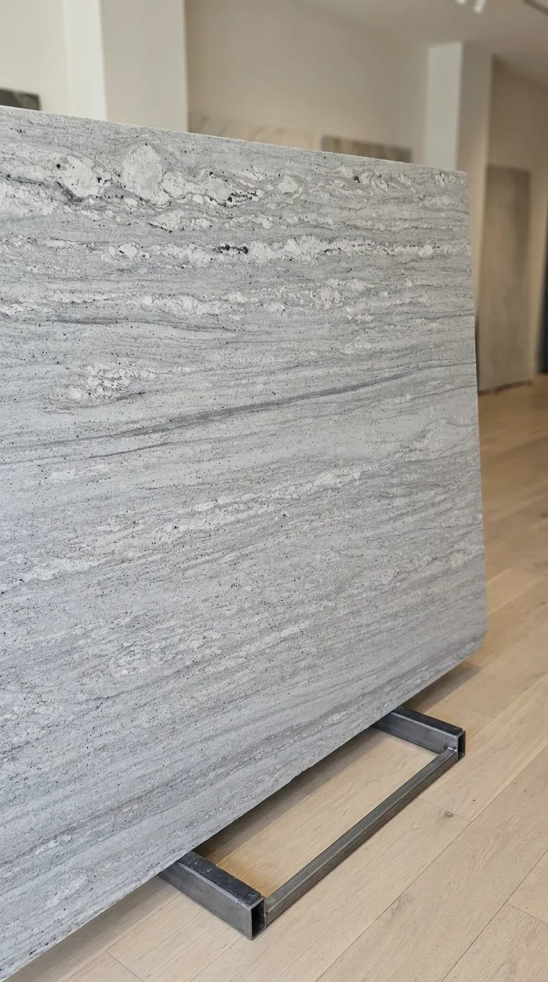 River White Leathered granite slab — The full slab as it stands in our West Allis gallery | StoneX USA, West Allis WI