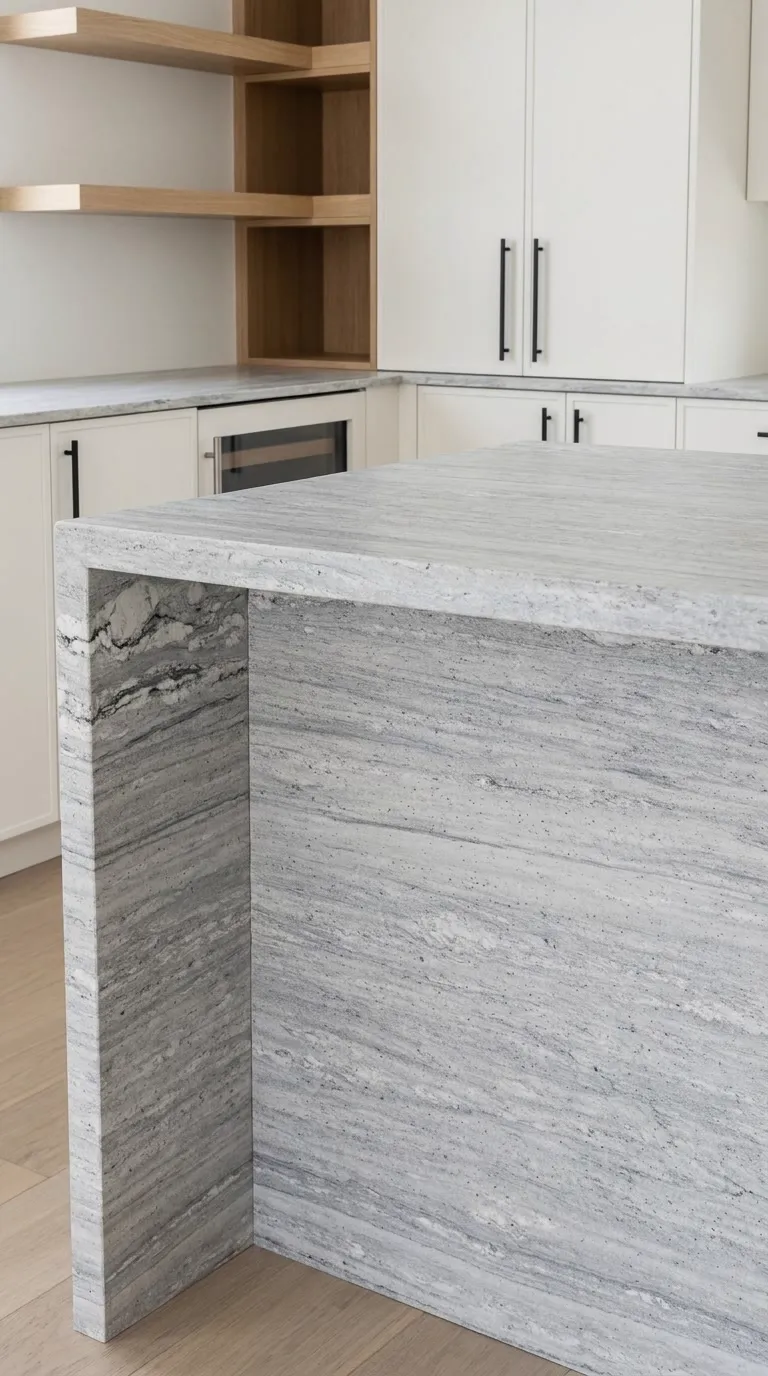 River White Leathered granite slab — Fabricated as a kitchen island with a waterfall end | StoneX USA, West Allis WI