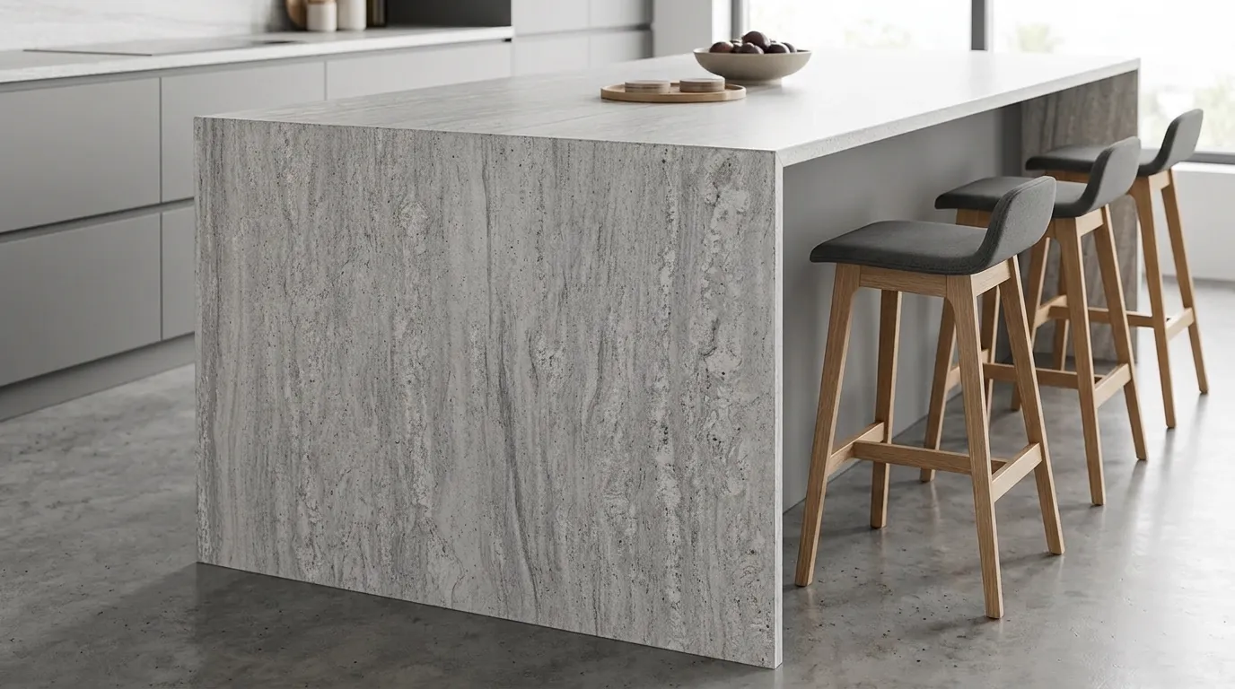 River White Leathered Granite waterfall-edge kitchen island with continuous veining