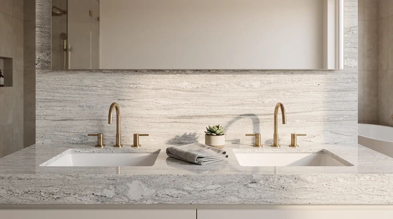 River White Polished Granite double vanity countertop and backsplash in a modern bathroom