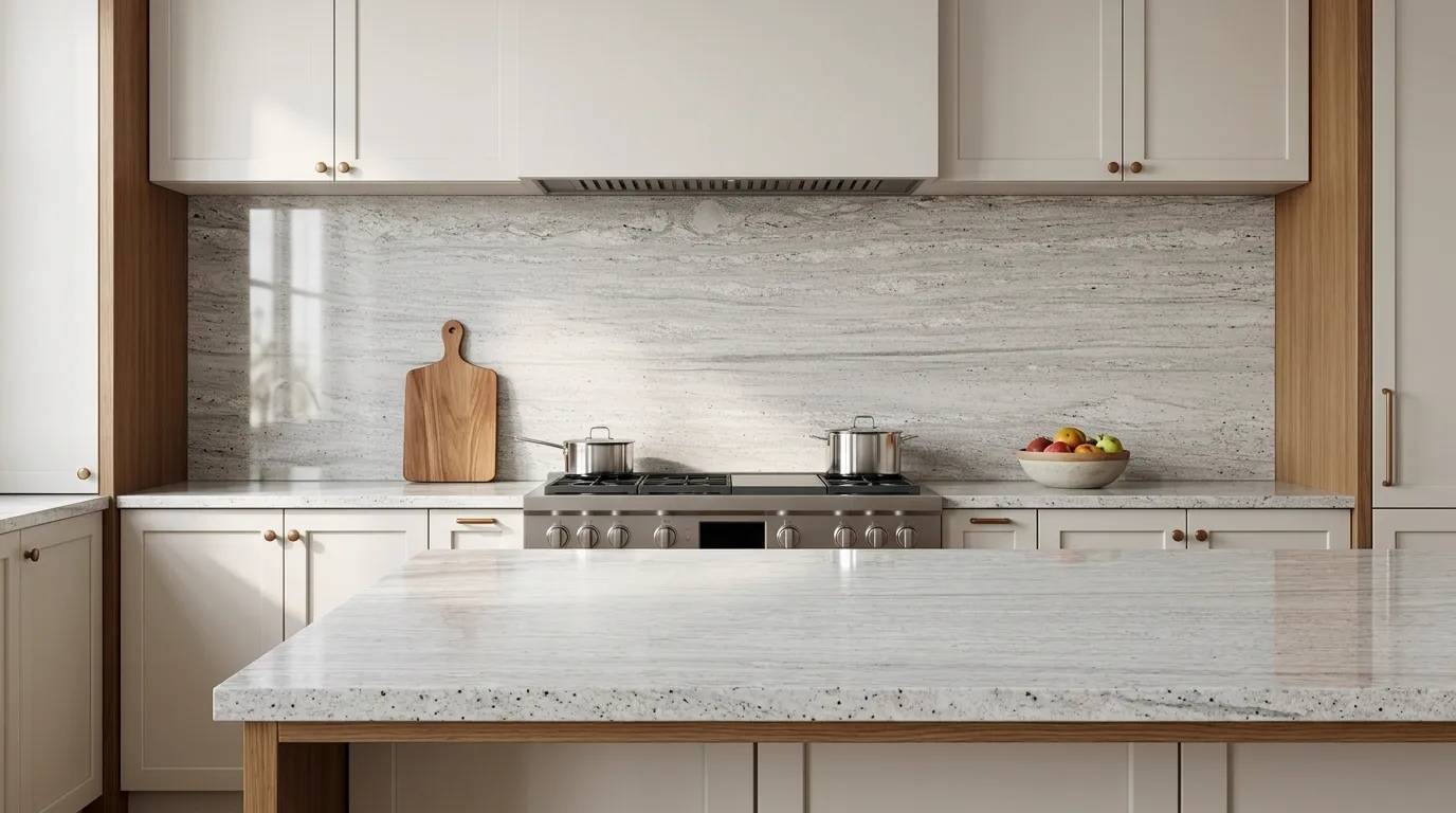 River White Polished Granite full-height kitchen backsplash and matching countertop
