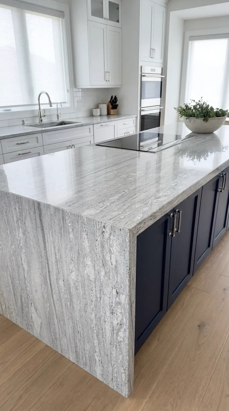 River White Polished granite slab — Fabricated as a kitchen island with a waterfall end | StoneX USA, West Allis WI