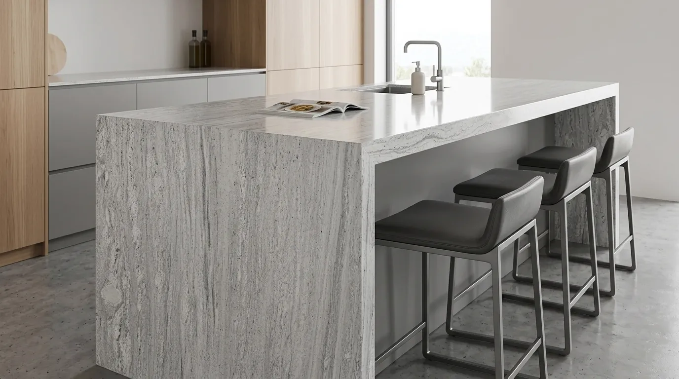 River White Polished Granite waterfall-edge kitchen island with continuous veining