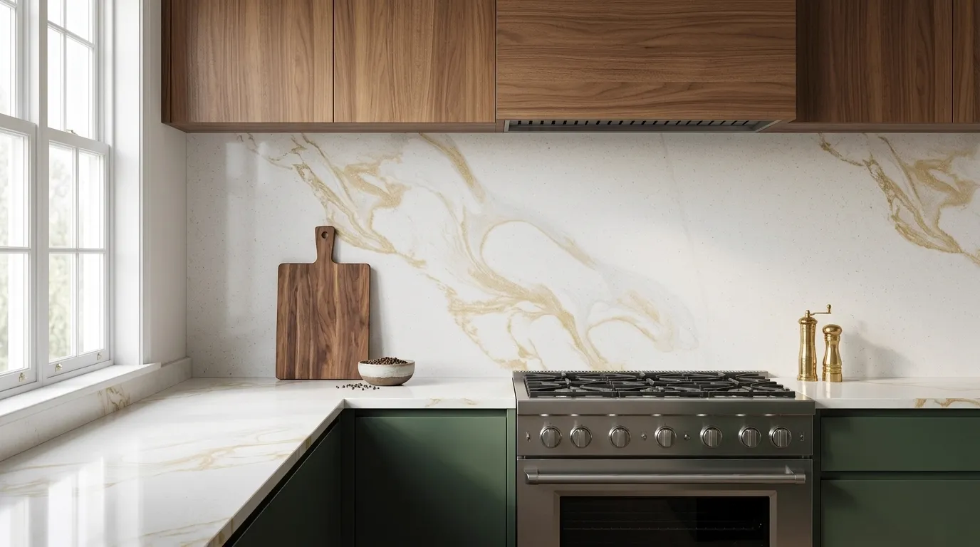 Rocky Gold full-height kitchen backsplash and matching countertop