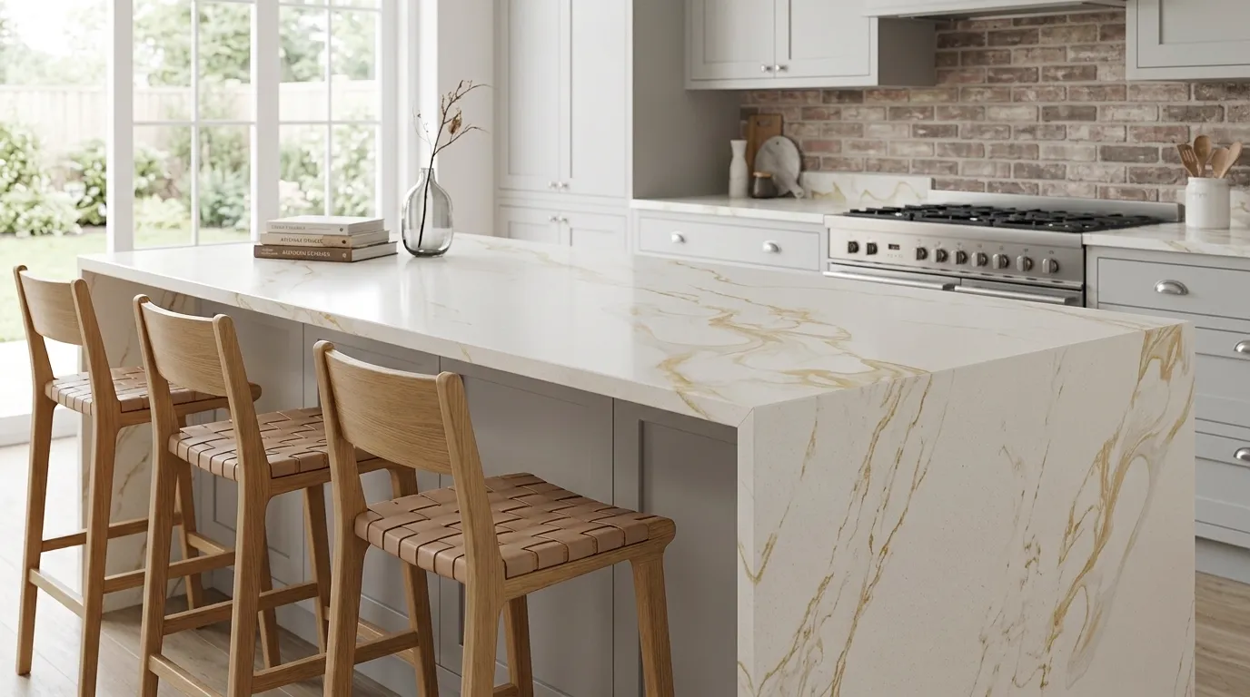Rocky Gold waterfall-edge kitchen island with continuous veining