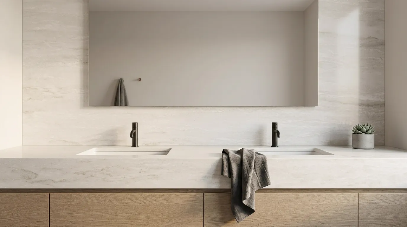 Royal Danby Quartz Stone double vanity countertop and backsplash in a modern bathroom