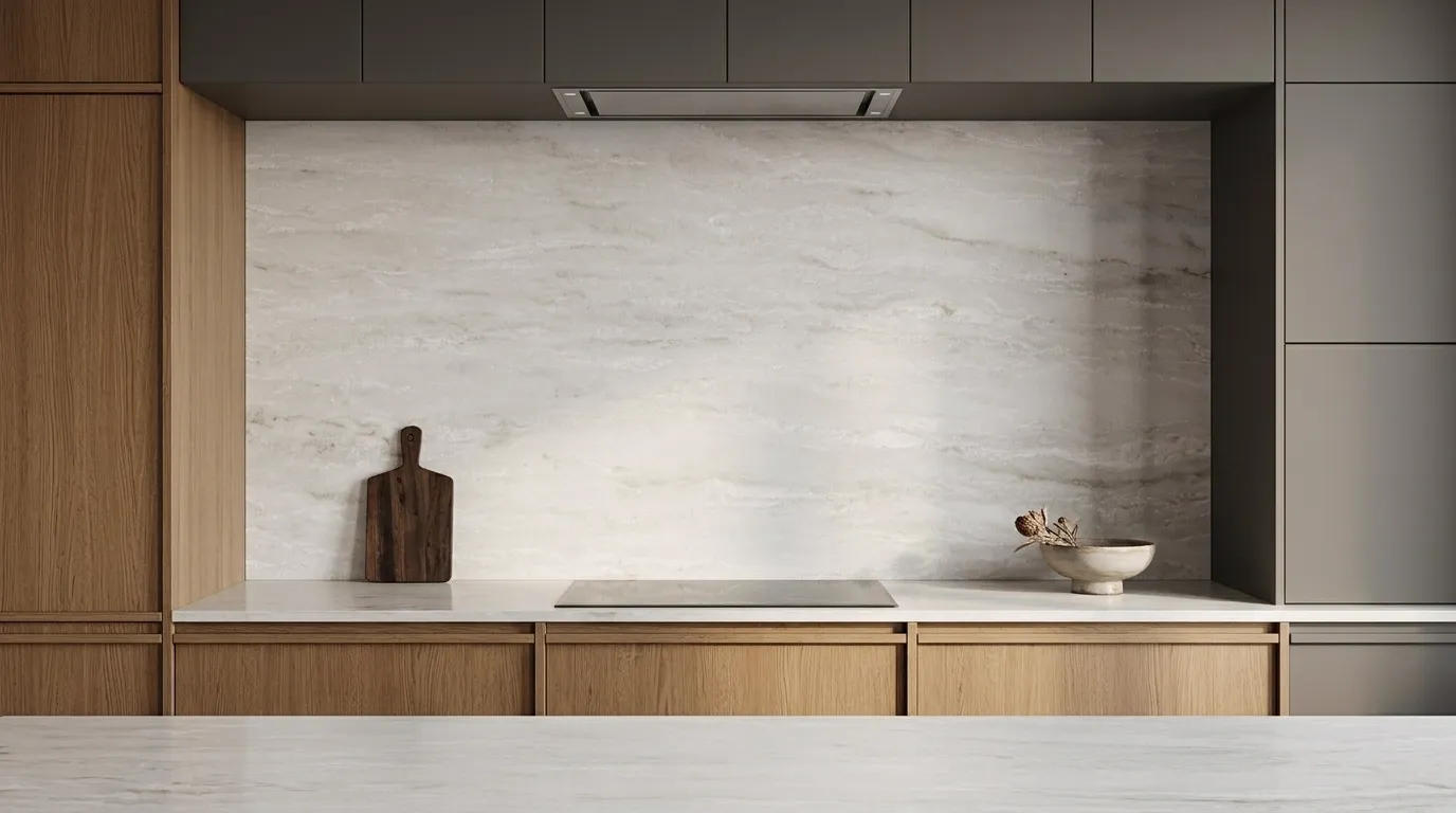 Royal Danby Quartz Stone full-height kitchen backsplash and matching countertop