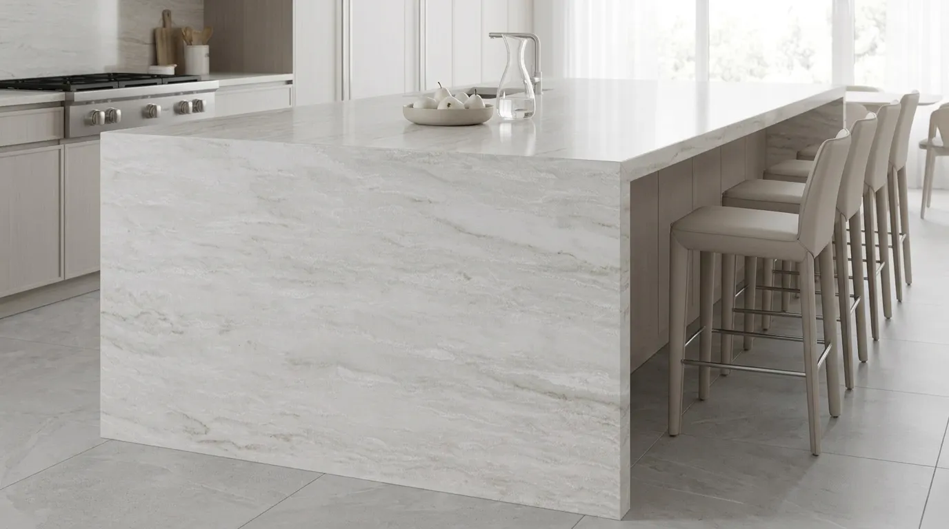 Royal Danby Quartz Stone waterfall-edge kitchen island with continuous veining