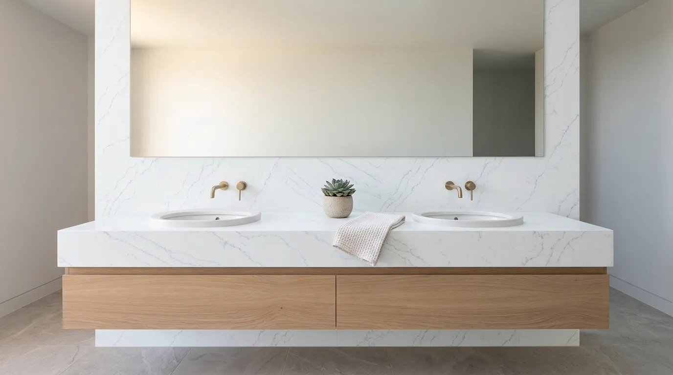Sky Blue Quartz Stone double vanity countertop and backsplash in a modern bathroom