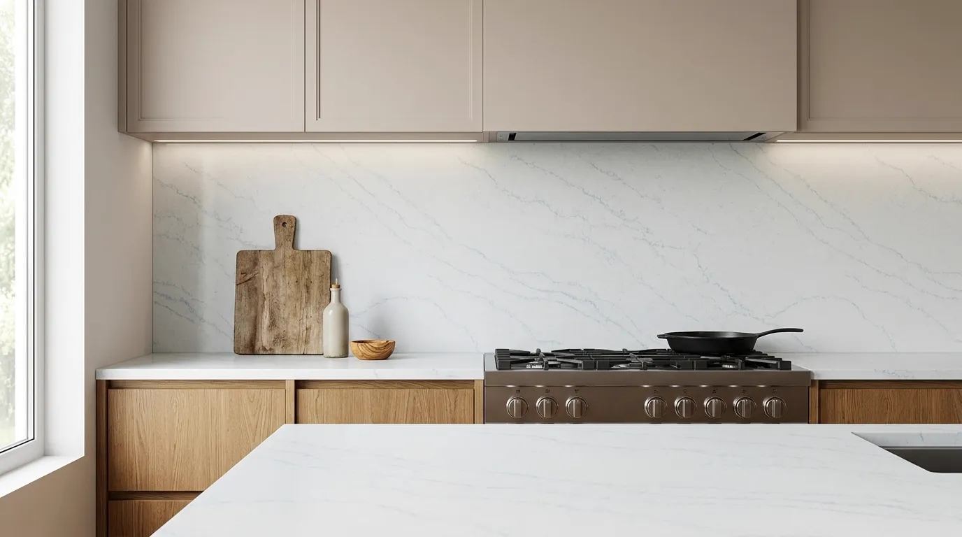 Sky Blue Quartz Stone full-height kitchen backsplash and matching countertop