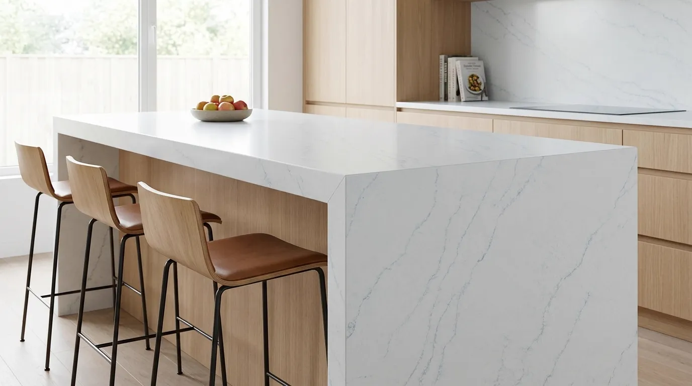 Sky Blue Quartz Stone waterfall-edge kitchen island with continuous veining