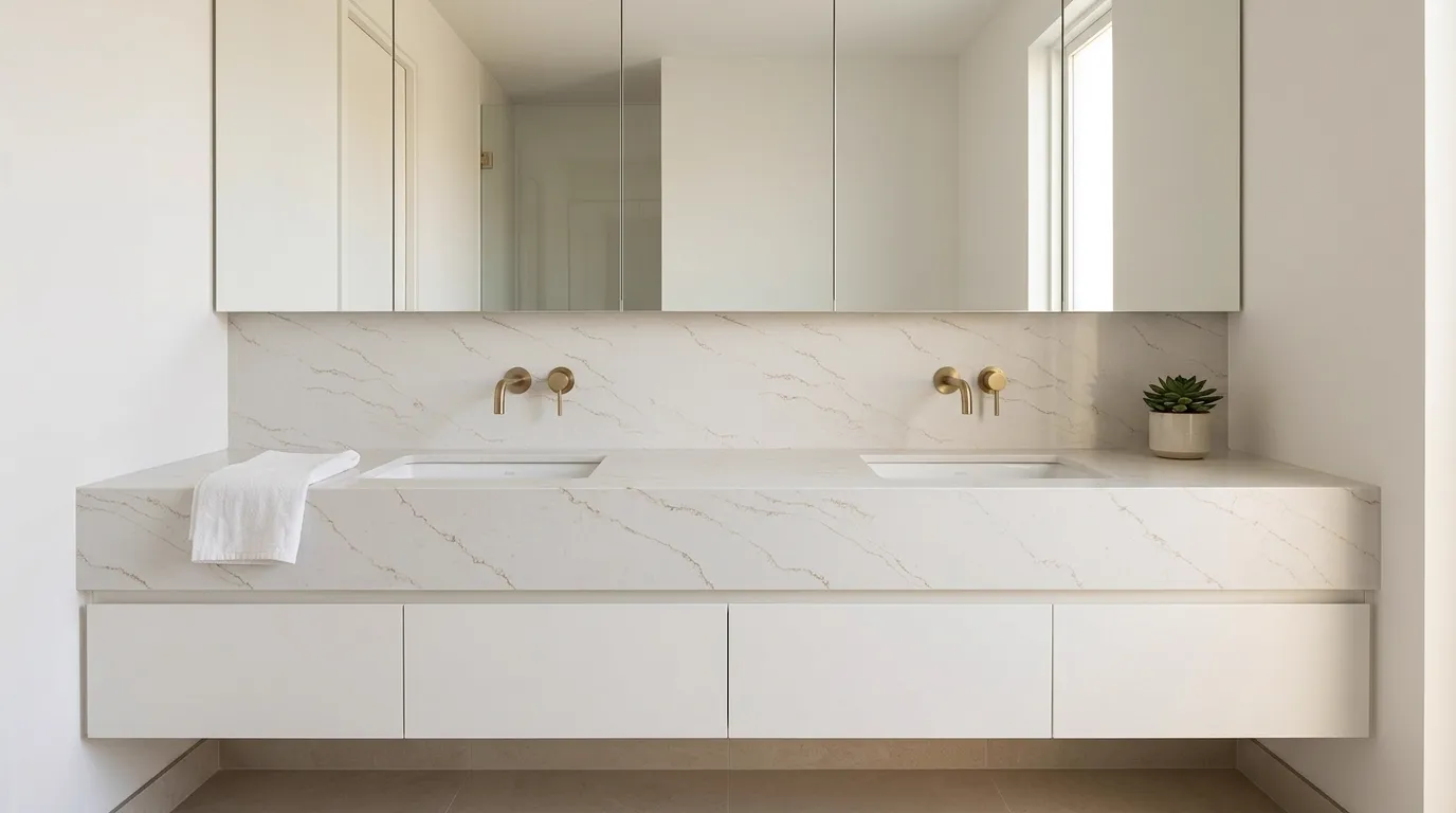 Sky Gold Quartz Stone double vanity countertop and backsplash in a modern bathroom