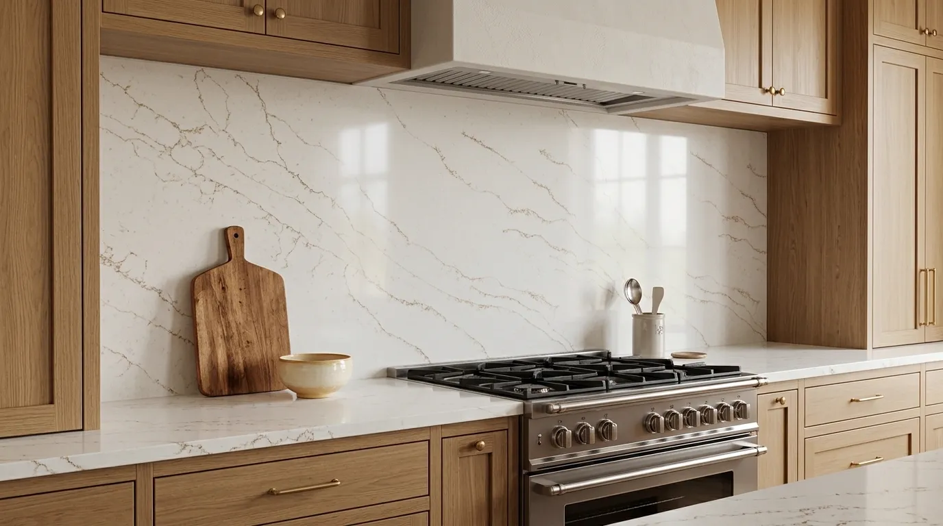 Sky Gold Quartz Stone full-height kitchen backsplash and matching countertop