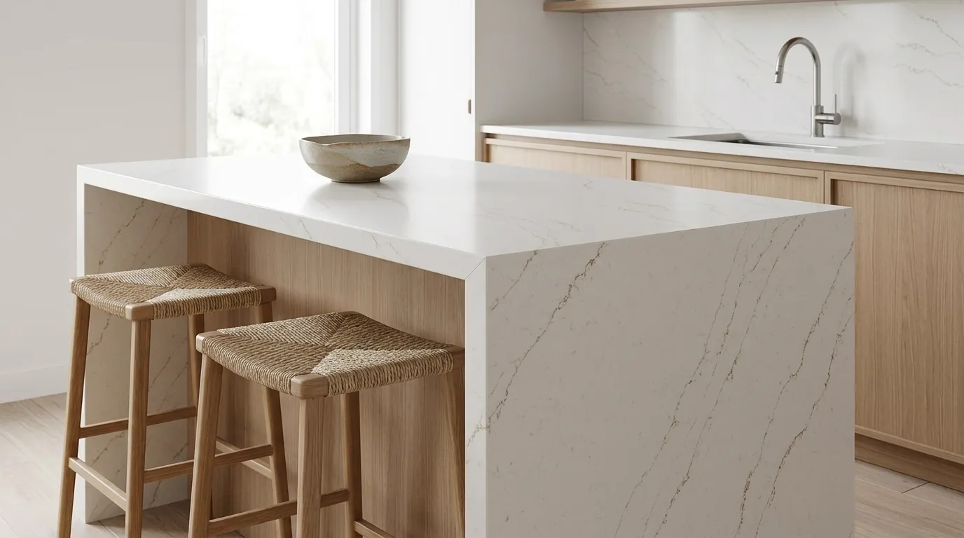 Sky Gold Quartz Stone waterfall-edge kitchen island with continuous veining