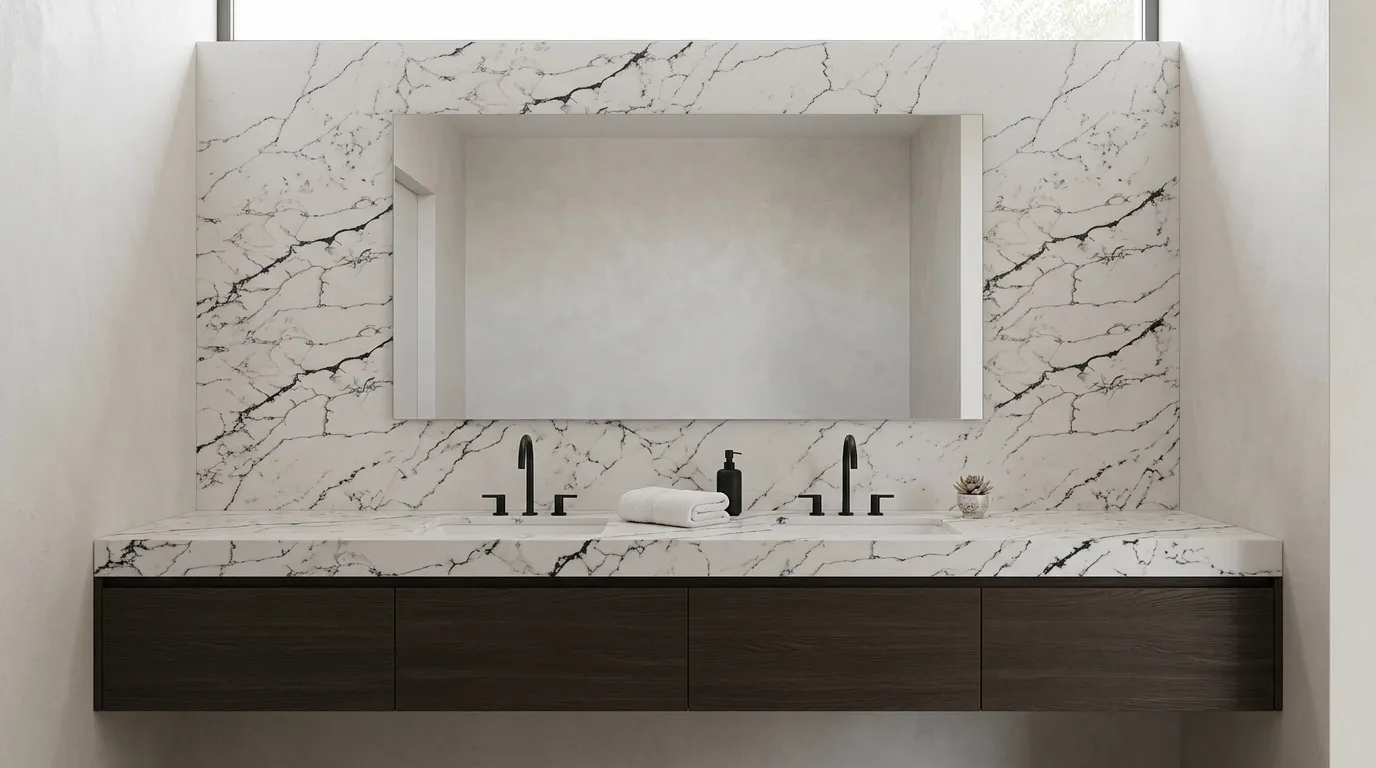 Smyrna Liliac Quartz Stone double vanity countertop and backsplash in a modern bathroom