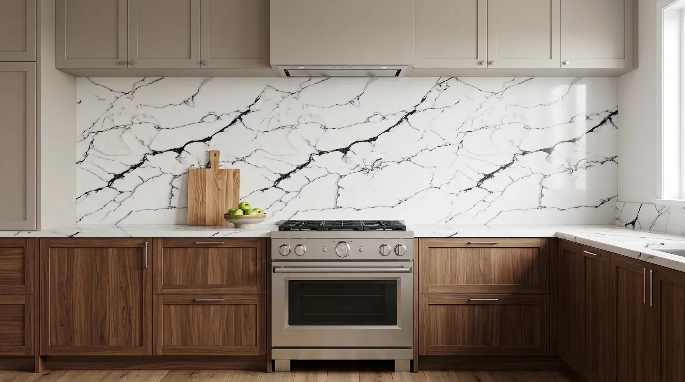 Smyrna Liliac Quartz Stone full-height kitchen backsplash and matching countertop