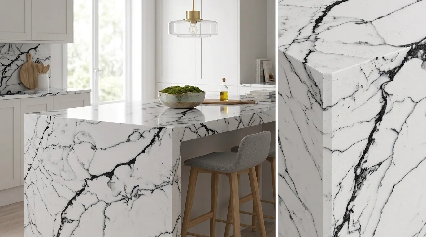 Smyrna Liliac Quartz Stone waterfall-edge kitchen island with continuous veining