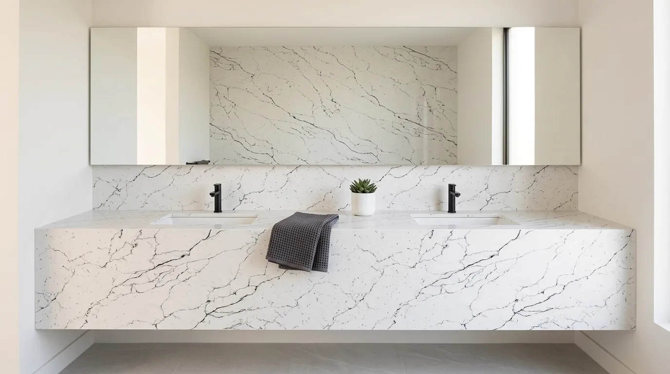 Smyrna Olive Quartz Stone double vanity countertop and backsplash in a modern bathroom