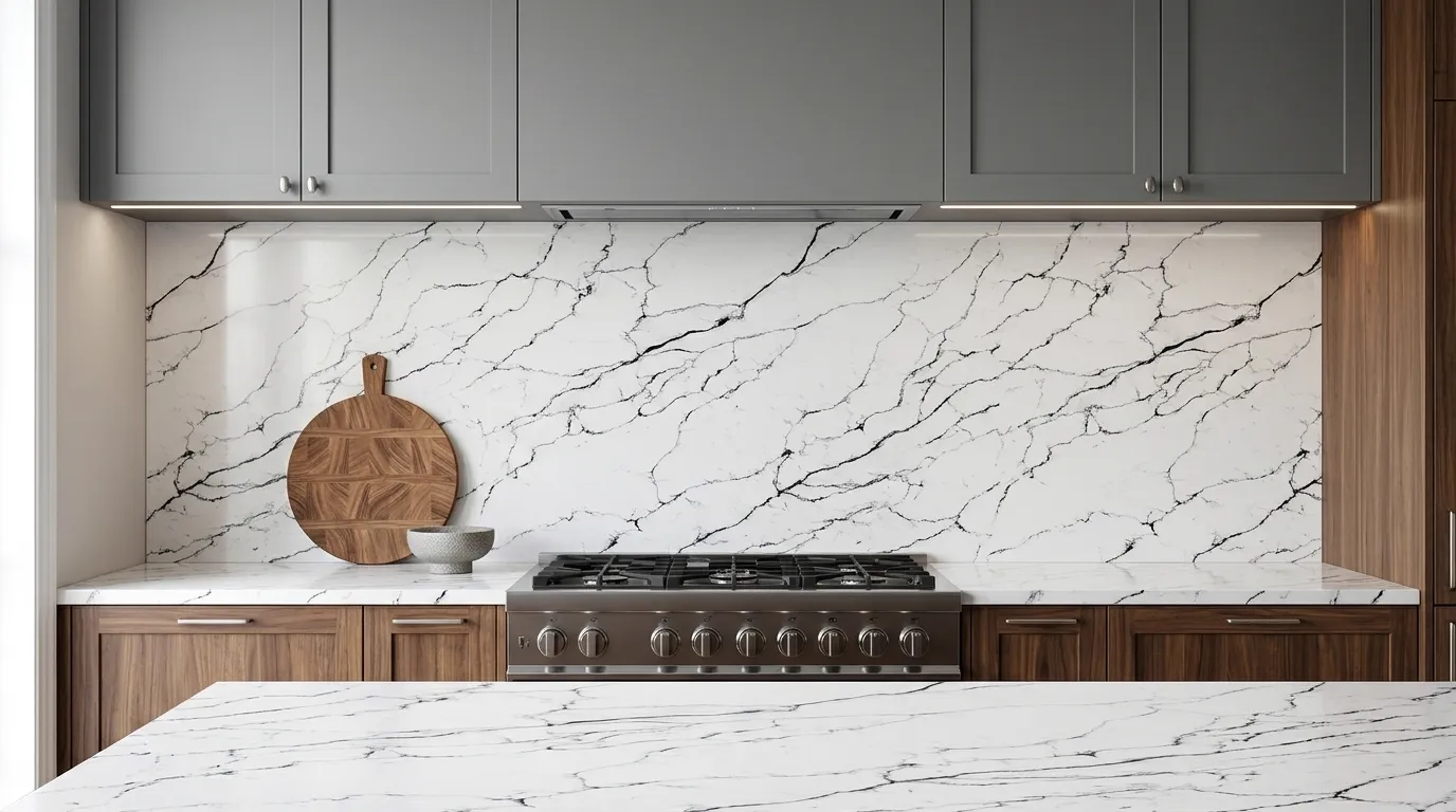Smyrna Olive Quartz Stone full-height kitchen backsplash and matching countertop