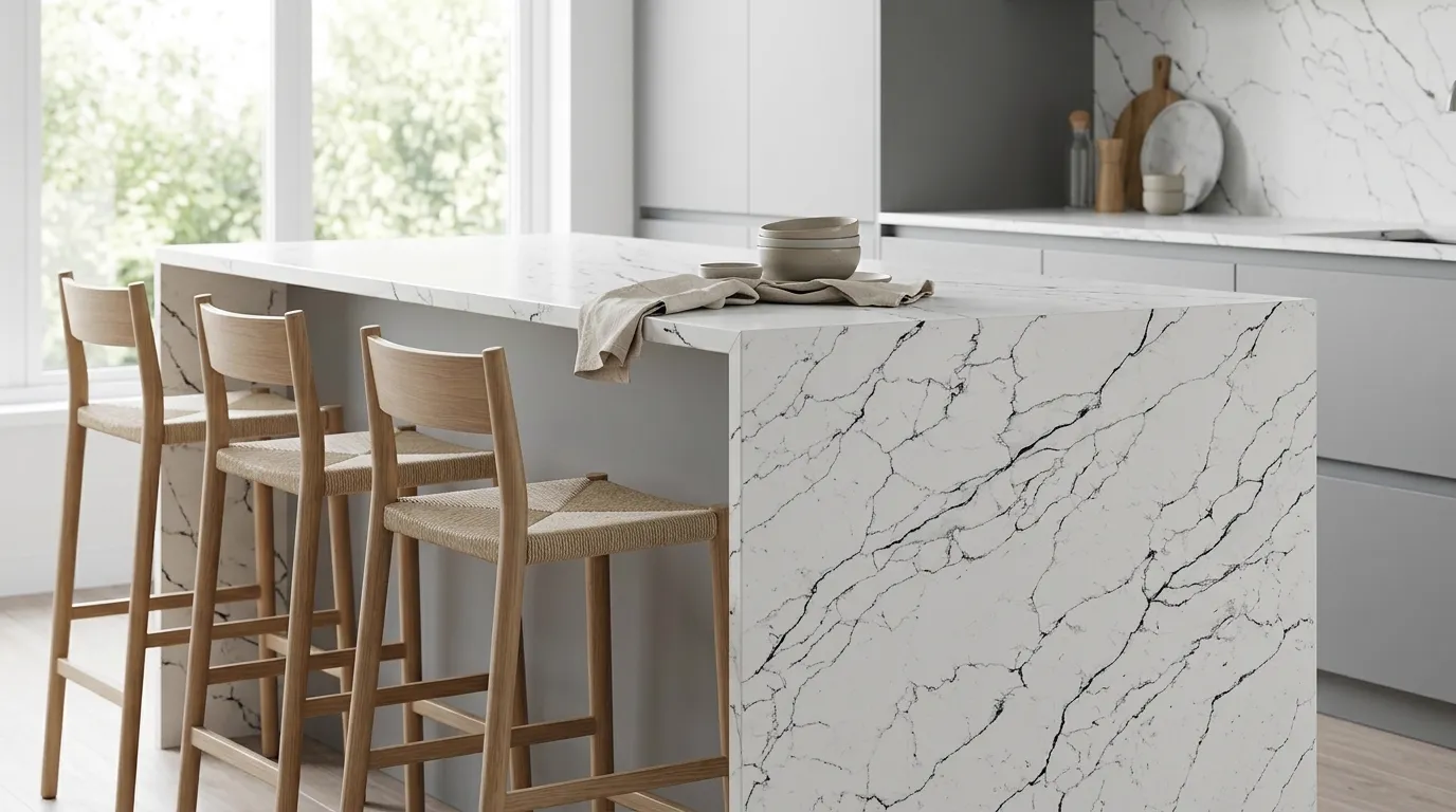 Smyrna Olive Quartz Stone waterfall-edge kitchen island with continuous veining