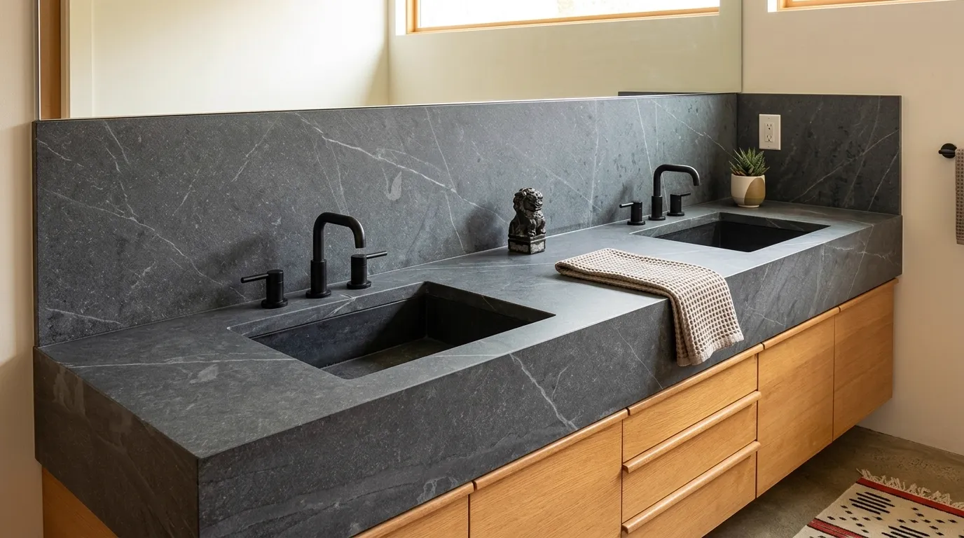 Soap Stone Honed double vanity countertop and backsplash in a modern bathroom