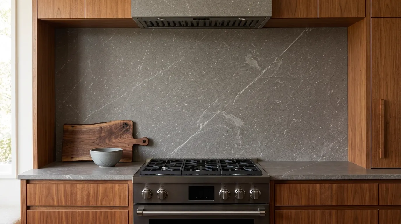 Soap Stone Honed full-height kitchen backsplash and matching countertop