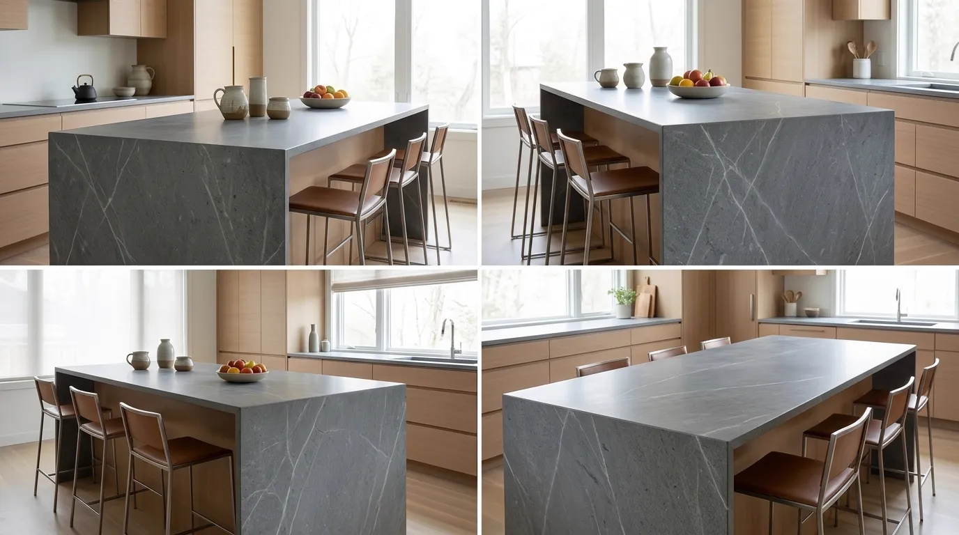 Soap Stone Honed waterfall-edge kitchen island with continuous veining
