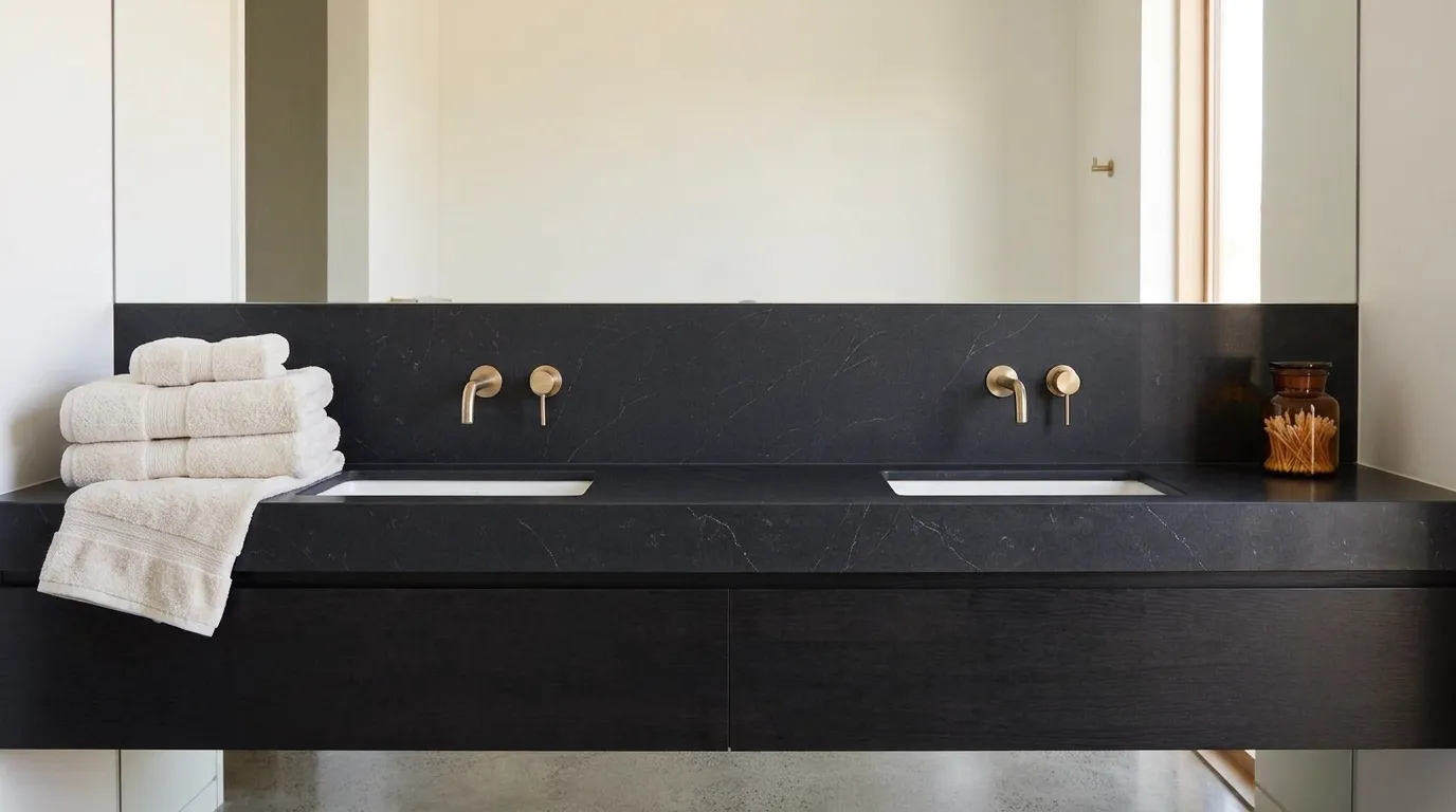 Soapstone Leathered Legacy Quartz Stone double vanity countertop and backsplash in a modern bathroom