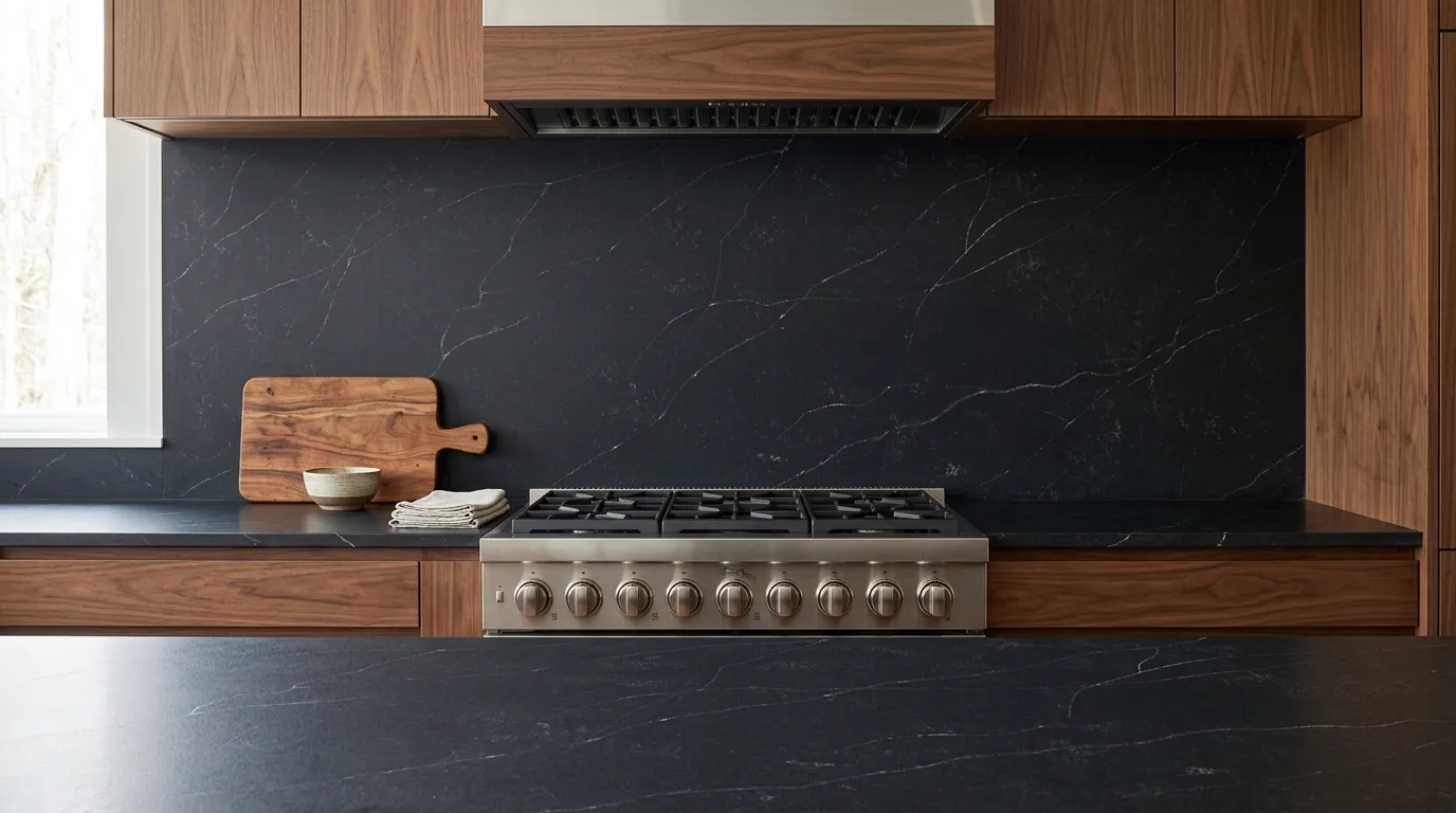 Soapstone Leathered Legacy Quartz Stone full-height kitchen backsplash and matching countertop