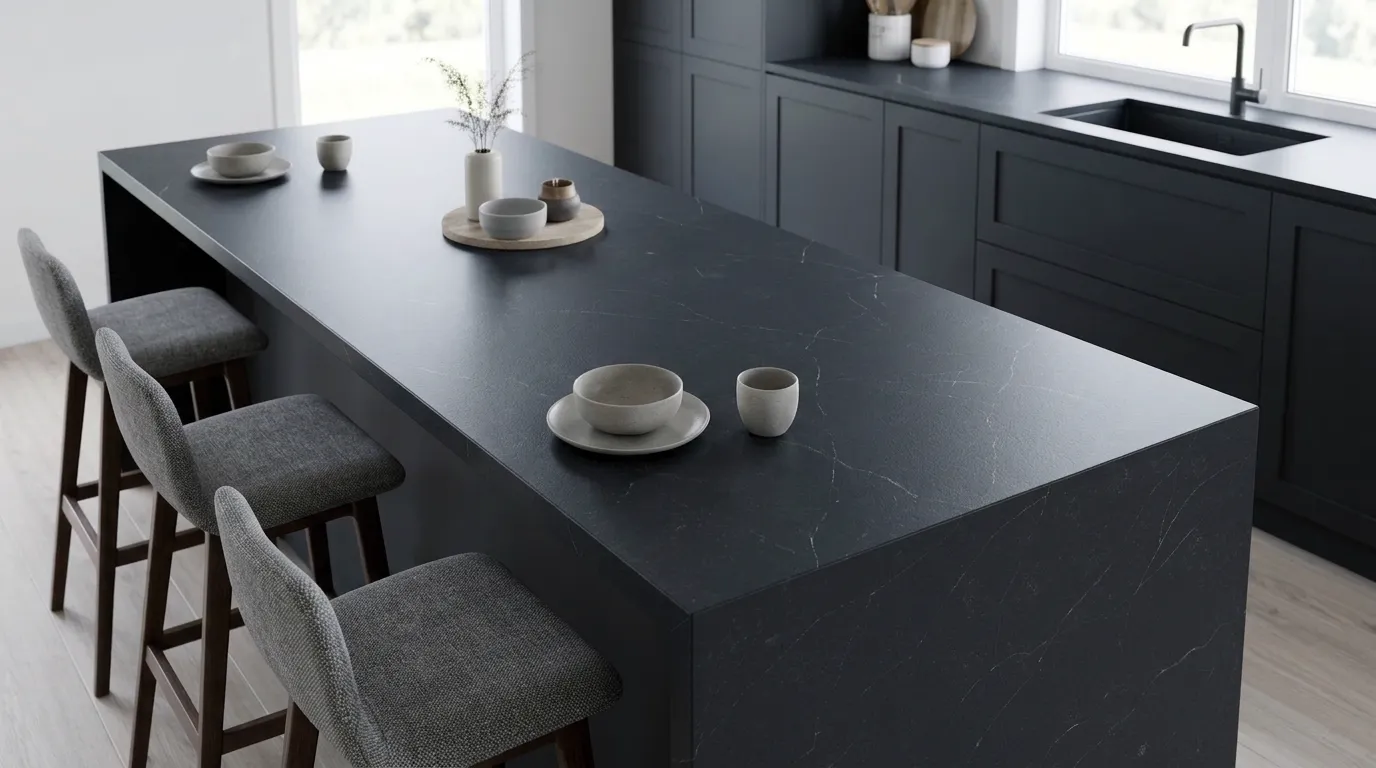 Soapstone Leathered Legacy Quartz Stone waterfall-edge kitchen island with continuous veining