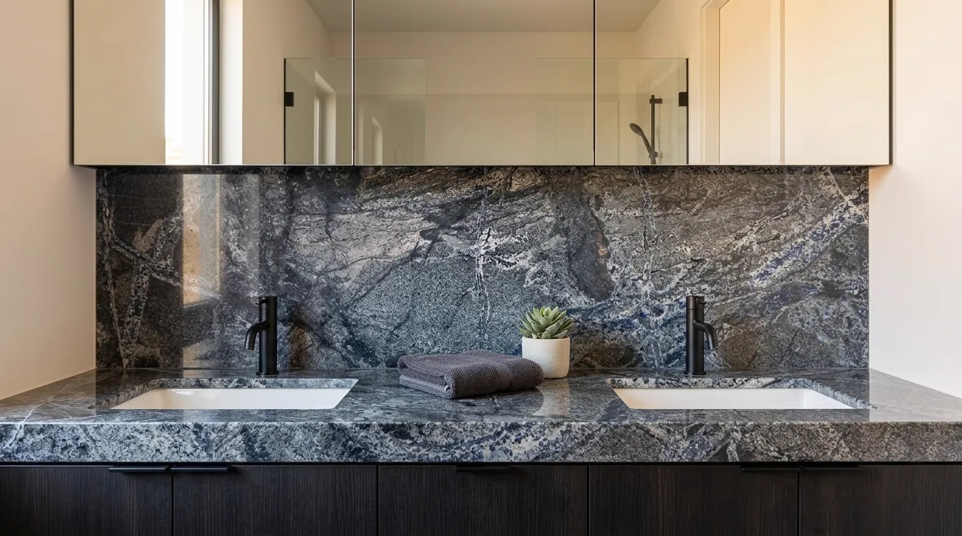 Sodalitis Polished Granite double vanity countertop and backsplash in a modern bathroom