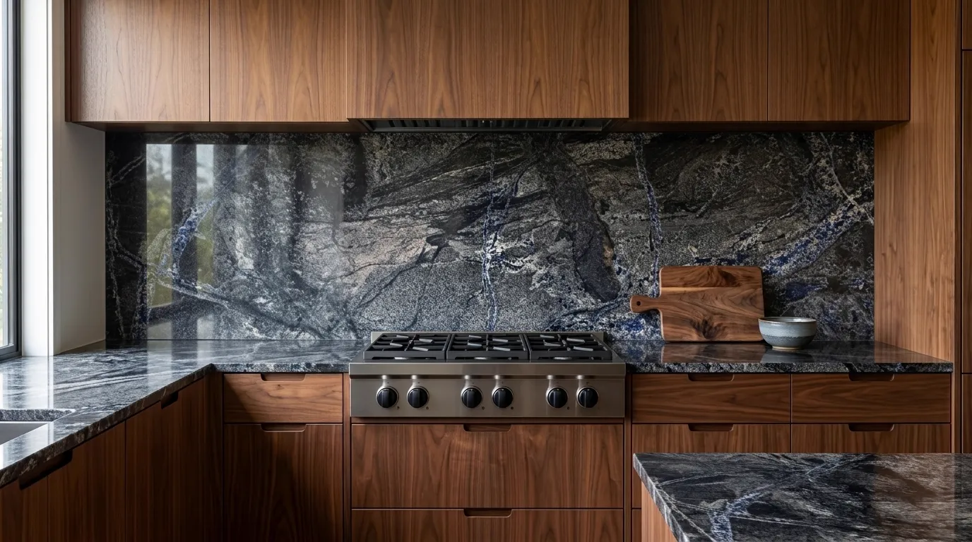 Sodalitis Polished Granite full-height kitchen backsplash and matching countertop