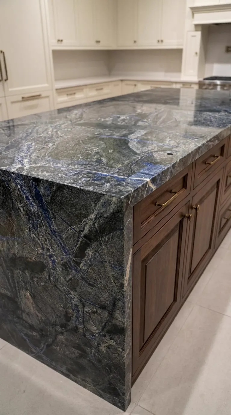 Sodalitis Polished granite slab — Fabricated as a kitchen island with a waterfall end | StoneX USA, West Allis WI