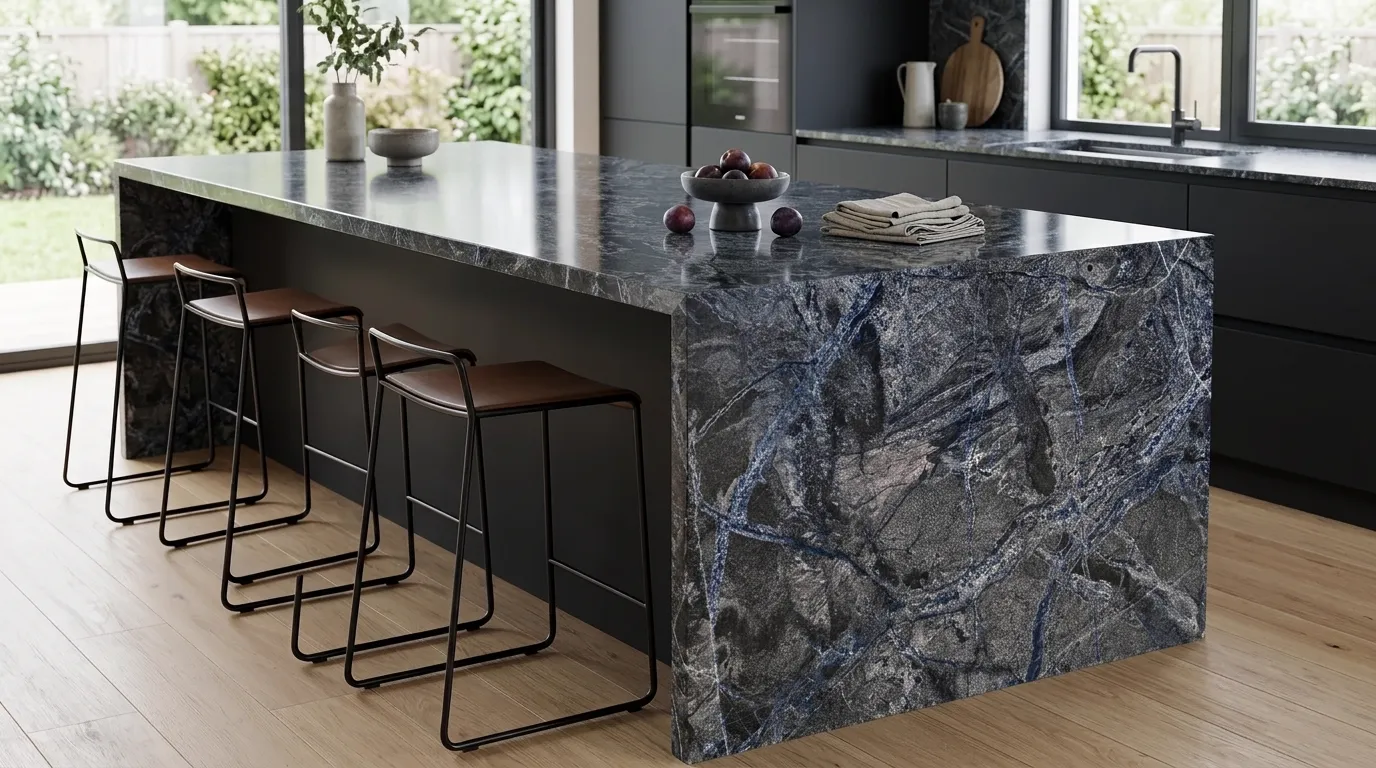 Sodalitis Polished Granite waterfall-edge kitchen island with continuous veining