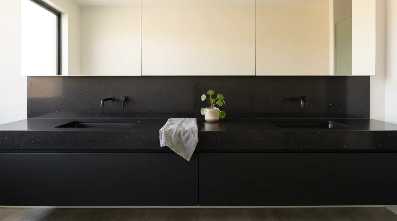 Sparkling Black double vanity countertop and backsplash in a modern bathroom