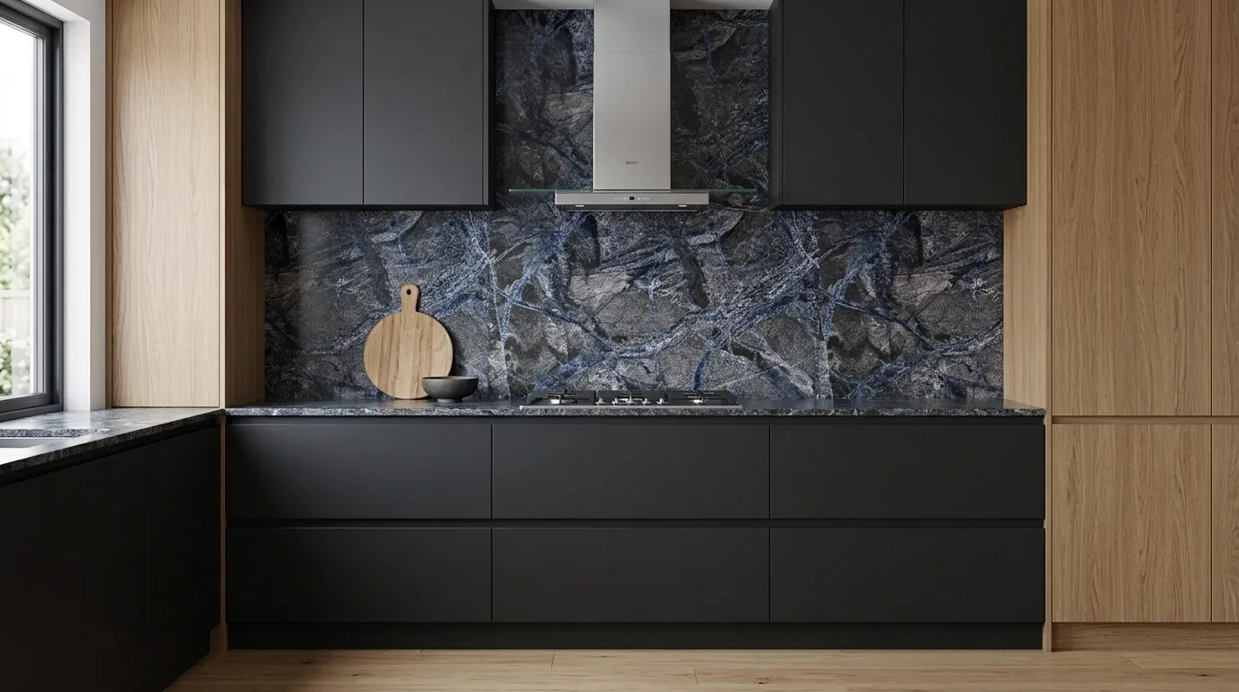 Sparkling Black full-height kitchen backsplash and matching countertop