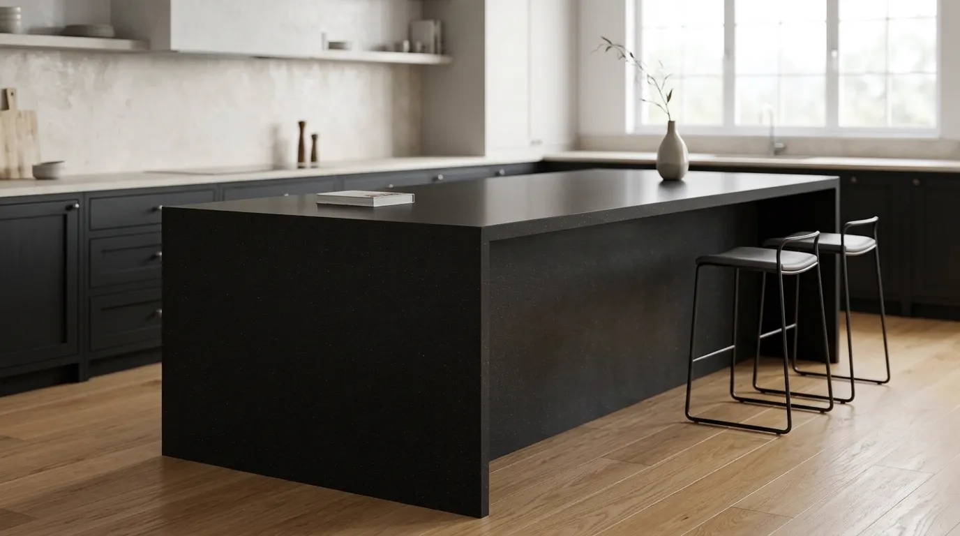 Sparkling Black waterfall-edge kitchen island with continuous veining