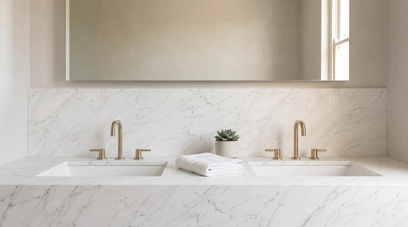 Statuario Magia Porcelain Stone double vanity countertop and backsplash in a modern bathroom