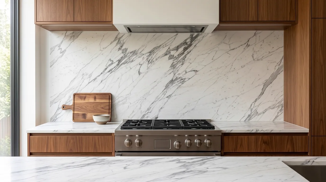 Statuario Magia Porcelain Stone full-height kitchen backsplash and matching countertop