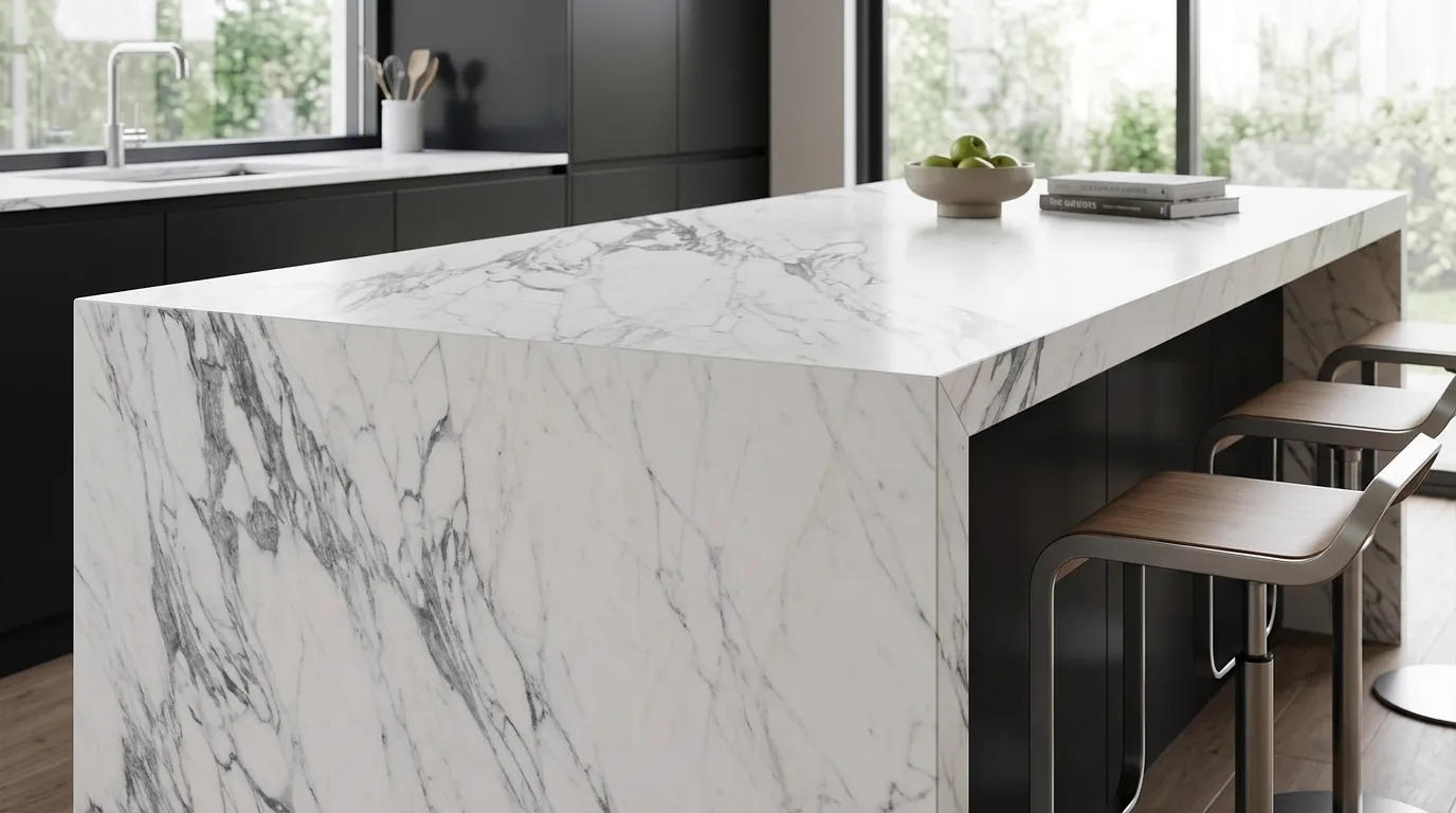 Statuario Magia Porcelain Stone waterfall-edge kitchen island with continuous veining
