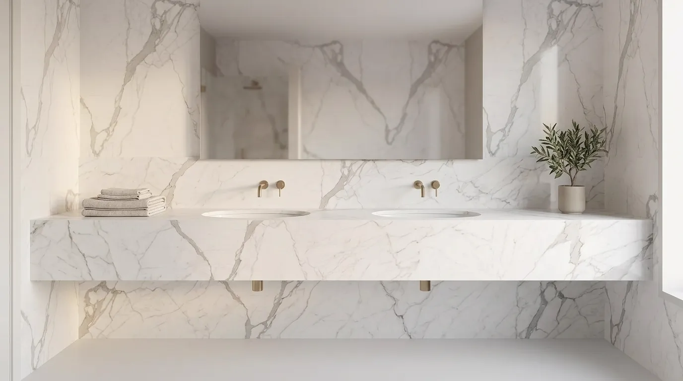 Statuario Natural double vanity countertop and backsplash in a modern bathroom