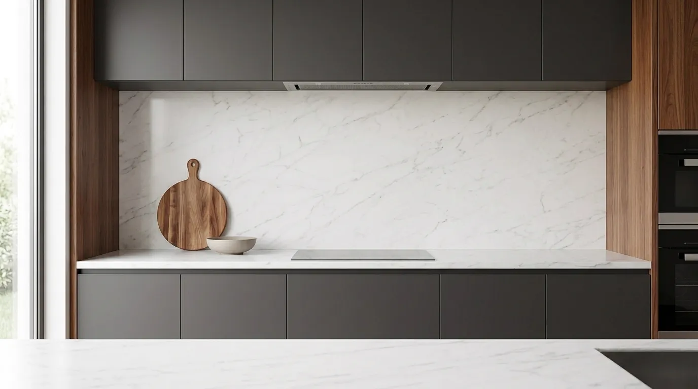 Statuario Natural full-height kitchen backsplash and matching countertop