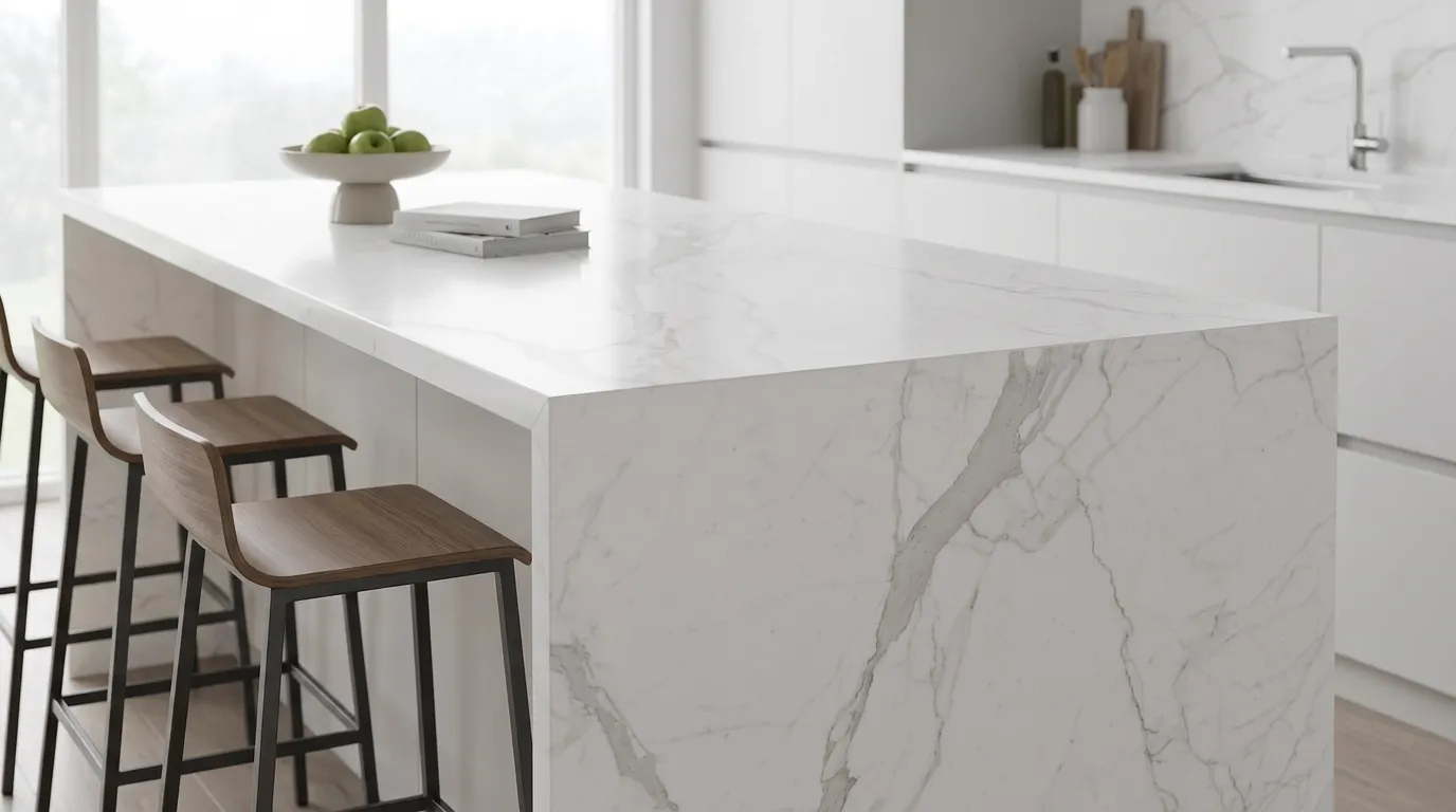 Statuario Natural waterfall-edge kitchen island with continuous veining