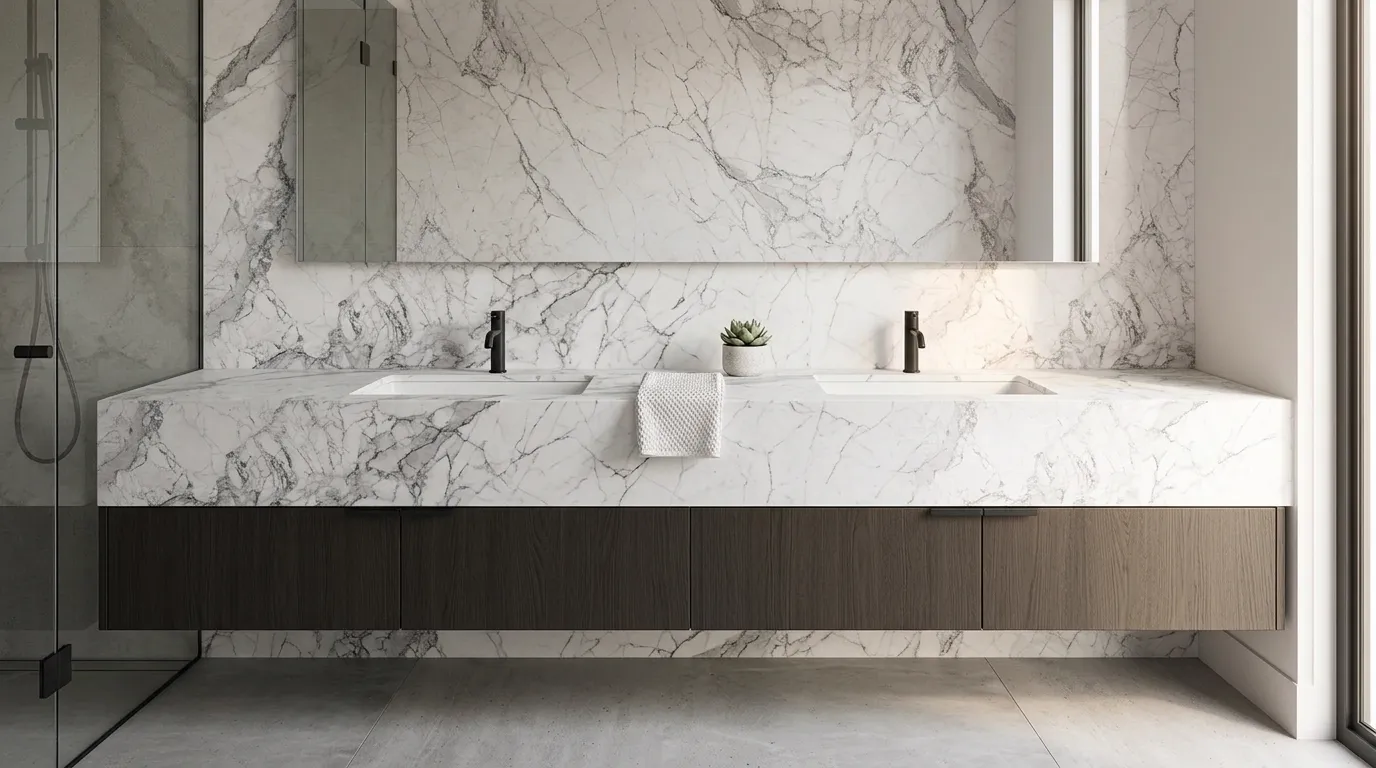 Statuario Toh double vanity countertop and backsplash in a modern bathroom