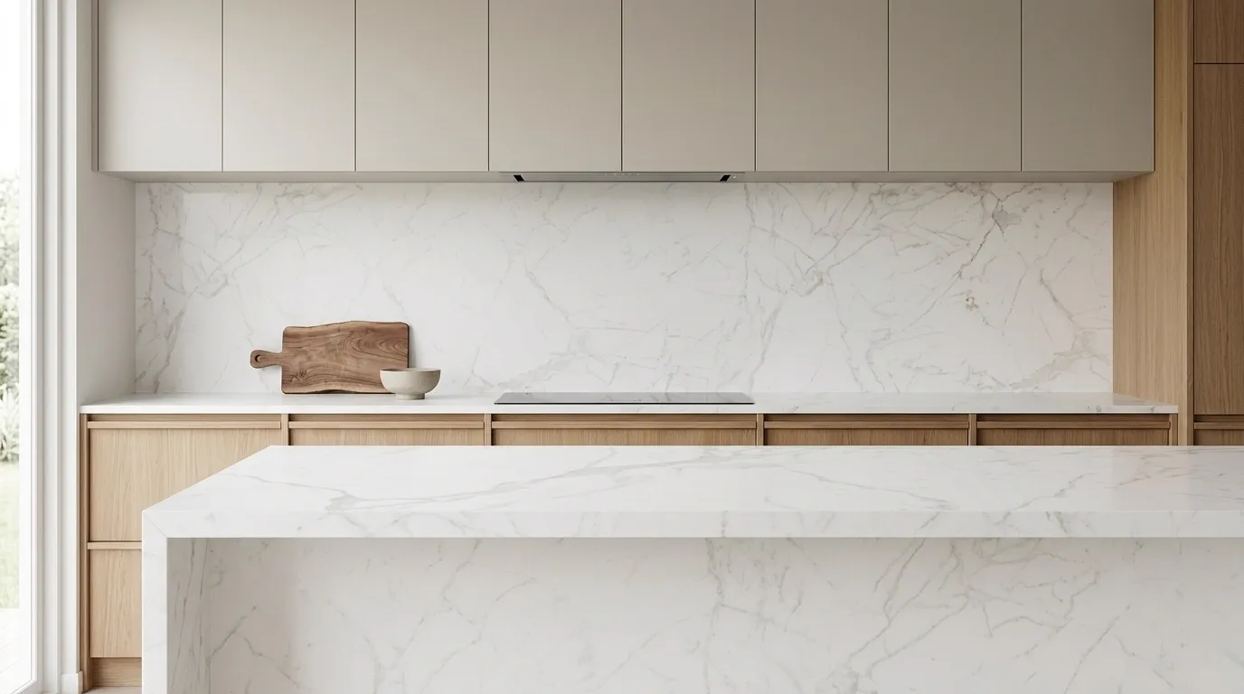 Statuario Toh full-height kitchen backsplash and matching countertop