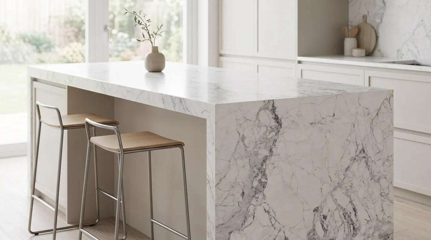 Statuario Toh waterfall-edge kitchen island with continuous veining