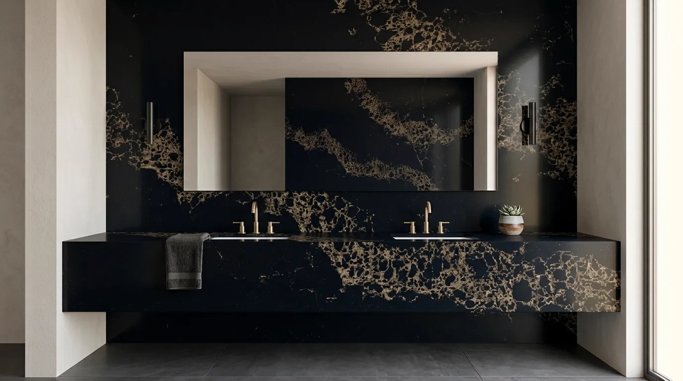 Statuario Black Gold Quartz Stone double vanity countertop and backsplash in a modern bathroom